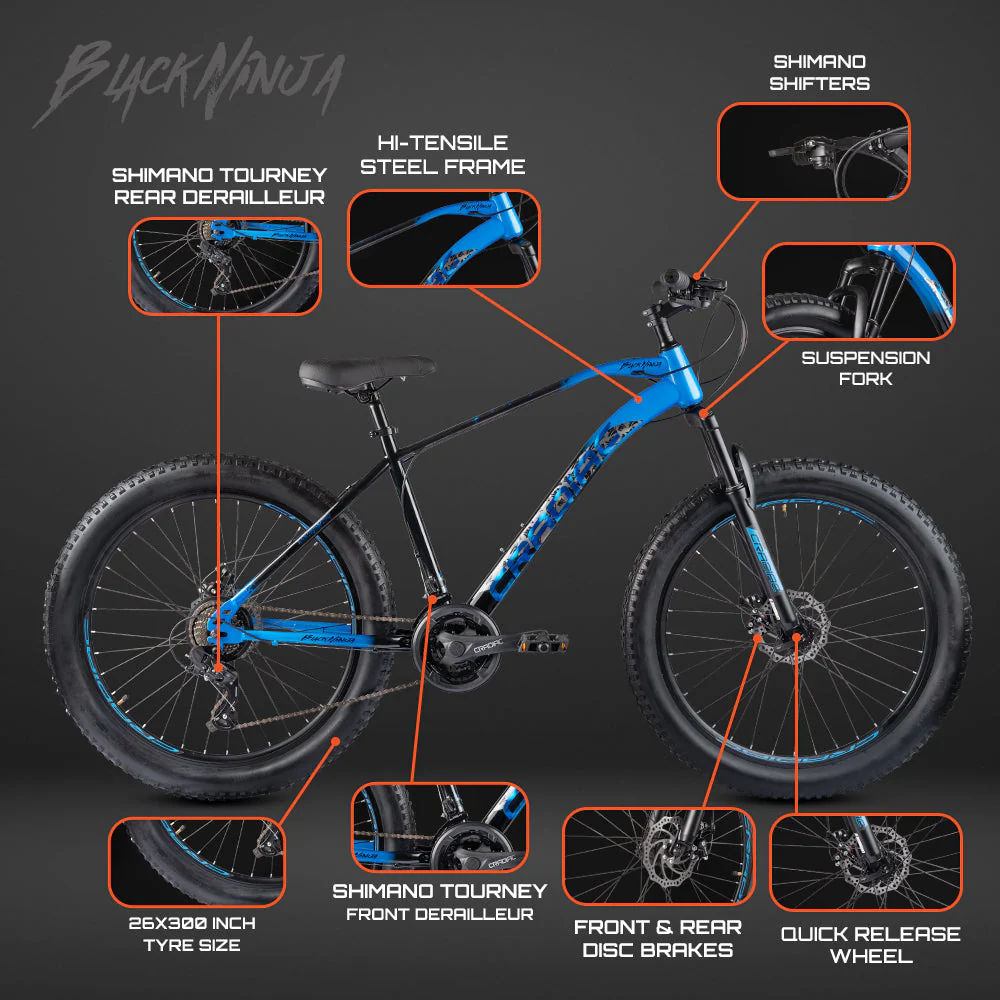 CRADIAC - Black Ninja Fat | 21 Speed Geared MTB Cycle| 26" Inch Mountain Bike | 26 * 300 Fat Tires | DISC Brakes | Suspension Fork | Hitensile Steel Frame | for 15+ Years Men/Boys/Girls, Front - Image 6