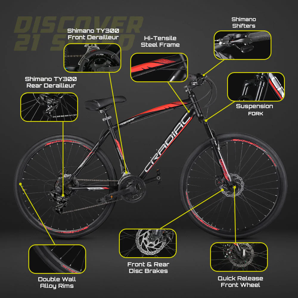 Cradiac Discover PRO 21 Speed Steel High Performance Gear Hybrid Cycles for Men with Front Suspension & Disc Brakes | Ideal for 15+ Years, Unisex, Frame Size : 18.5 Inch | 700 * 35C Tires - Image 8
