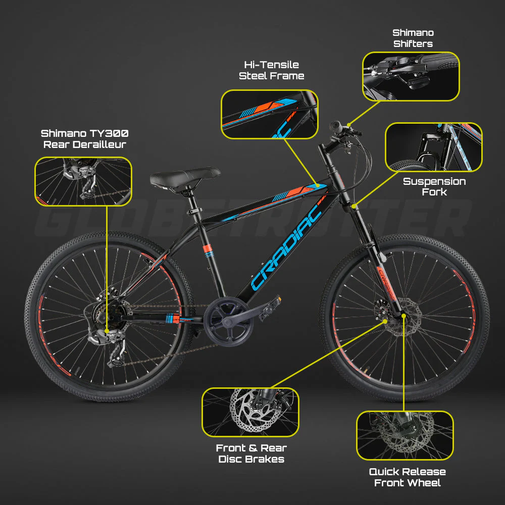 Cradiac Globetrotter 7 Speed MTB, 26 Inch Steel Geared High Performance Mountain Cycle for Men with Front Suspension & Dual disc Brakes | Ideal for 12+ Years, Unisex, Frame Size - 18.5 Inch - Image 7