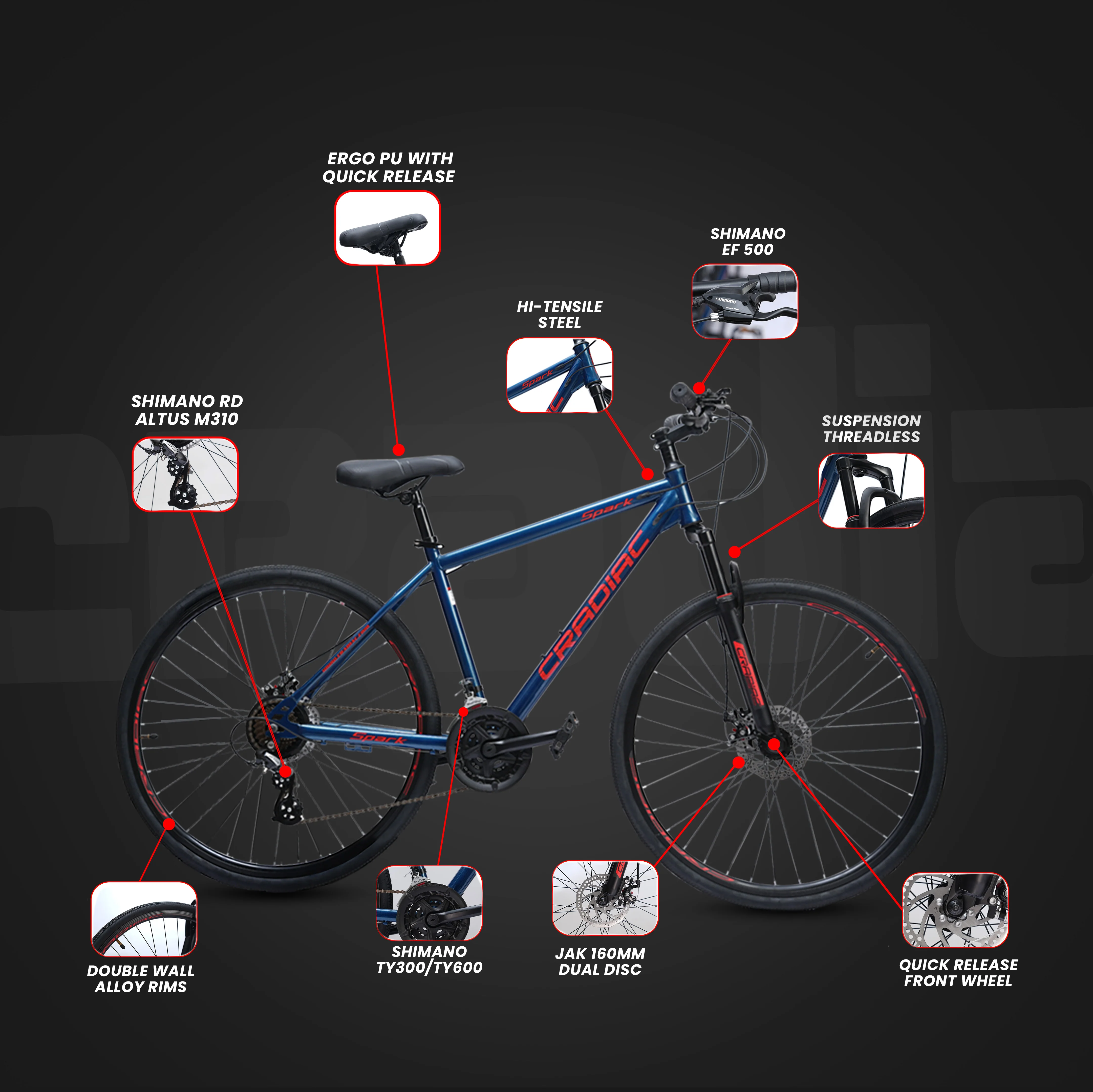 CRADIAC Spark 21 Speed | 18.5 INCH HI-TENSILE Steel Frame | 700C T Hybrid Bike | Front Suspension | Dual DISC - Image 3